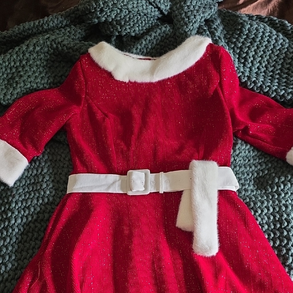 Festive Red Long Sleeve Dress with White Accents